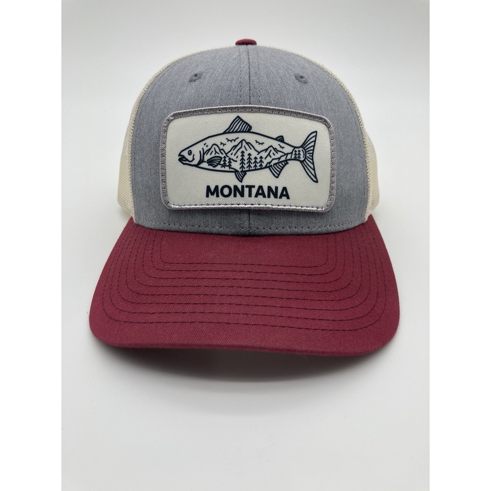 Montana Trout Fishing Hat SnapBack Mesh Trucker Trout Fishing Maroon Richardson